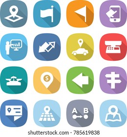 flat vector icon set - pointer vector, flag, touch, presentation, up down arrow, car, market scales, dollar pin, left, singlepost, location details, map, route a to b