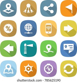 flat vector icon set - pointer vector, share, flag, percent, globe connect, phone wireless, right arrow, left, lighthouse, geo pin, location details, map, handwheel, compass, reload