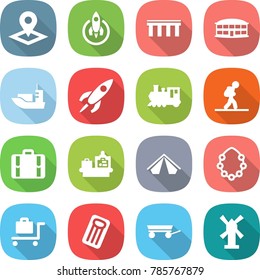 flat vector icon set - pointer vector, rocket, bridge, airport building, sea shipping, train, tourist, suitcase, baggage checking, tent, hawaiian wreath, trolley, inflatable mattress, trailer