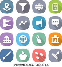 flat vector icon set - pointer vector, funnel, globe, report, diagram, graph, flag, message, cottage, stands for knives, fireplace, big spoon, cupcake, seeds, scraper