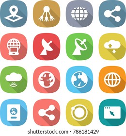 flat vector icon set - pointer vector, share, globe, notebook, satellite antenna, cloud service, wireless, earth, passport, orbit, browser window