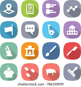 flat vector icon set - pointer vector, report, diagram, graph, flag, message, gyroscooter, cottage, stands for knives, fireplace, big spoon, chef knife, cupcake, seeds, pig, scraper