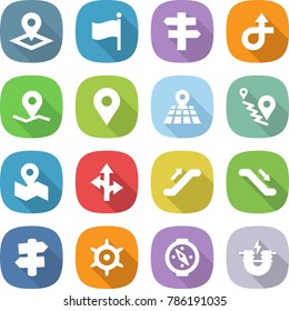 flat vector icon set - pointer vector, flag, singlepost, trip, geo pin, map, route, escalator, signpost, handwheel, compass, electric magnet
