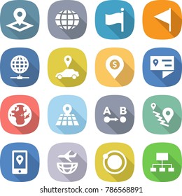 flat vector icon set - pointer vector, globe, flag, connect, car, dollar pin, location details, map, route a to b, mobile, plane shipping, orbit, hierarchy
