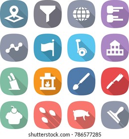 flat vector icon set - pointer vector, funnel, globe, diagram, graph, flag, gyroscooter, cottage, stands for knives, fireplace, big spoon, chef knife, cupcake, seeds, pig, scraper