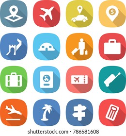 flat vector icon set - pointer vector, plane, car, dollar pin, greate wall, dome house, passenger, suitcase, passport, ticket, arrival, palm, signpost, inflatable mattress