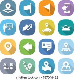 flat vector icon set - pointer vector, flag, touch, presentation, up down arrow, car, scales, dollar pin, left, location details, map, route a to b