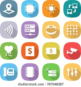 flat vector icon set - pointer vector, chip, notebook connect, wireless, server, smart bracelet, cardio, receipt, surveillance, intercome, setup