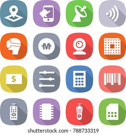 flat vector icon set - pointer vector, touch, satellite antenna, wireless, virtual mask, crypto currency, web cam, cpu, receipt, equalizer, calculator, bar code, remote control, chip, sim card