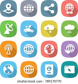 flat vector icon set - pointer vector, globe, share, notebook, satellite antenna, eco car, cloud service, wireless, delivery, earth, passport, browser window
