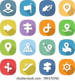 flat vector icon set - pointer vector, flag, up down arrow, dollar pin, right, singlepost, trip, geo, map, route, escalator, signpost, handwheel