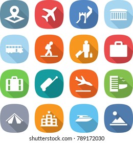 flat vector icon set - pointer vector, plane, greate wall, airport building, bus, tourist, passenger, suitcase, arrival, hotel, tent, yacht, landscape