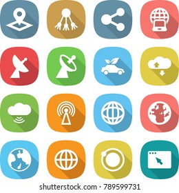 flat vector icon set - pointer vector, share, notebook globe, satellite antenna, eco car, cloud service, wireless, earth, orbit, browser window
