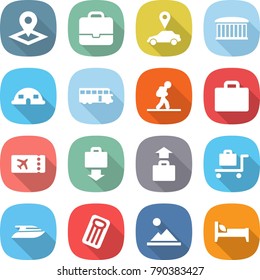 flat vector icon set - pointer vector, portfolio, car, airport building, dome house, bus, tourist, suitcase, ticket, baggage get, trolley, yacht, inflatable mattress, landscape, bed