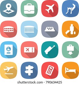 flat vector icon set - pointer vector, portfolio, plane, greate wall, airport building, taxi, passenger, passport, ticket, suitcase, baggage get, departure, signpost, inflatable mattress, bed