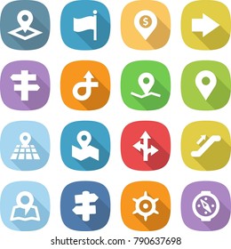 flat vector icon set - pointer vector, flag, dollar pin, right arrow, singlepost, trip, geo, map, route, escalator, signpost, handwheel, compass