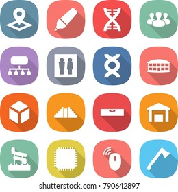flat vector icon set - pointer vector, marker, dna, group, structure, wc, airport building, 3d, pyramid, level, warehouse, aquapark, cpu, wireless mouse, axe