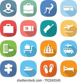 flat vector icon set - pointer vector, portfolio, greate wall, bus, suitcase, ticket, departure, hotel, baggage trolley, transfer, signpost, yacht, flip flops, bed