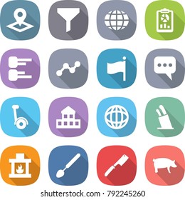 flat vector icon set - pointer vector, funnel, globe, report, diagram, graph, flag, message, gyroscooter, cottage, stands for knives, fireplace, big spoon, chef knife, pig
