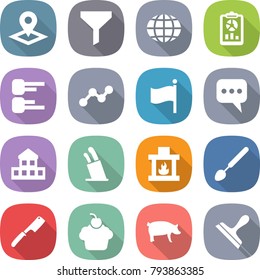 flat vector icon set - pointer vector, funnel, globe, report, diagram, graph, flag, message, cottage, stands for knives, fireplace, big spoon, chef knife, cupcake, pig, scraper