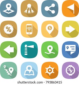 flat vector icon set - pointer vector, share, flag, percent, phone wireless, dollar pin, right arrow, left, lighthouse, geo, location details, route, map, handwheel, compass