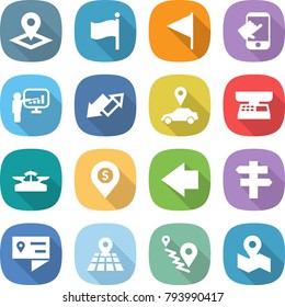 flat vector icon set - pointer vector, flag, touch, presentation, up down arrow, car, market scales, dollar pin, left, singlepost, location details, map, route