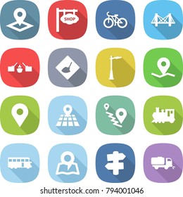 flat vector icon set - pointer vector, shop signboard, bike, bridge, drawbridge, under construction, outdoor light, geo pin, map, route, train, bus, signpost, sweeper