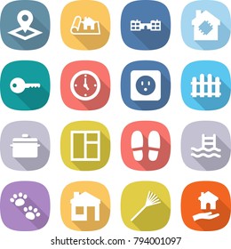 flat vector icon set - pointer vector, project, school, smart house, key, watch, power socket, fence, pan, window, slippers, pool, pets, rake, housing