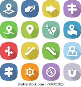 flat vector icon set - pointer vector, up down arrow, right, singlepost, geo pin, route, map, escalator, signpost, handwheel, compass, electric magnet