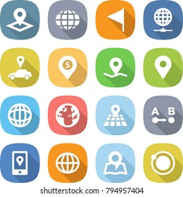 flat vector icon set - pointer vector, globe, flag, connect, car, dollar pin, geo, map, route a to b, mobile location, orbit
