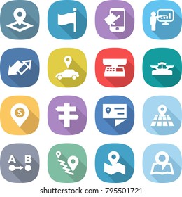 flat vector icon set - pointer vector, flag, touch, presentation, up down arrow, car, market scales, dollar pin, singlepost, location details, map, route a to b