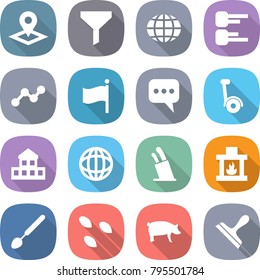 flat vector icon set - pointer vector, funnel, globe, diagram, graph, flag, message, gyroscooter, cottage, stands for knives, fireplace, big spoon, seeds, pig, scraper