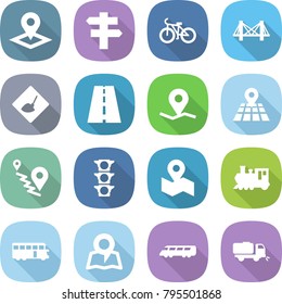 flat vector icon set - pointer vector, singlepost, bike, bridge, under construction, road, geo pin, map, route, traffic light, train, bus, speed, sweeper