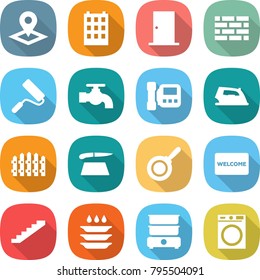 flat vector icon set - pointer vector, building, door, brick wall, repair, water tap, intercome, iron, fence, cutting board, pan, welcome mat, stairs, plate washing, double boiler, machine