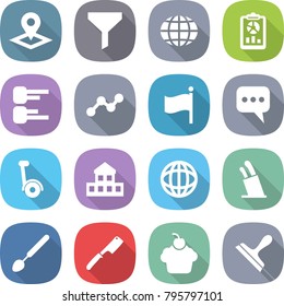 flat vector icon set - pointer vector, funnel, globe, report, diagram, graph, flag, message, gyroscooter, cottage, stands for knives, big spoon, chef knife, cupcake, scraper