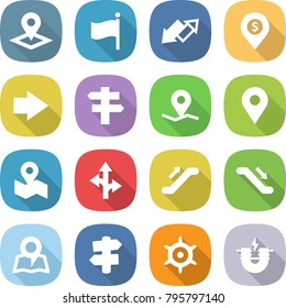 flat vector icon set - pointer vector, flag, up down arrow, dollar pin, right, singlepost, geo, map, route, escalator, signpost, handwheel, electric magnet