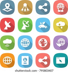 flat vector icon set - pointer vector, share, notebook globe, satellite antenna, eco car, cloud service, wireless, delivery, passport, browser window