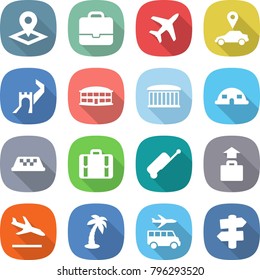 flat vector icon set - pointer vector, portfolio, plane, car, greate wall, airport building, dome house, taxi, suitcase, baggage, arrival, palm, transfer, signpost