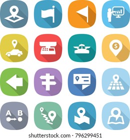 flat vector icon set - pointer vector, flag, presentation, car, market scales, dollar pin, left arrow, singlepost, location details, map, route a to b