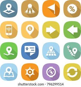 flat vector icon set - pointer vector, share, flag, percent, phone wireless, dollar pin, right arrow, left, geo, location details, map, route, handwheel, compass, reload