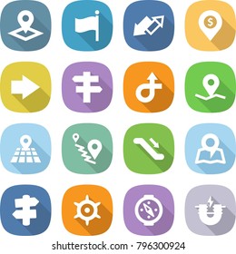 flat vector icon set - pointer vector, flag, up down arrow, dollar pin, right, singlepost, trip, geo, map, route, escalator, signpost, handwheel, compass, electric magnet