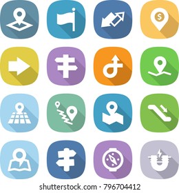 flat vector icon set - pointer vector, flag, up down arrow, dollar pin, right, singlepost, trip, geo, map, route, escalator, signpost, compass, electric magnet