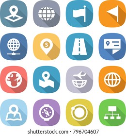 flat vector icon set - pointer vector, globe, flag, connect, dollar pin, road, location details, map, plane shipping, compass, orbit, hierarchy