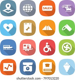 flat vector icon set - pointer vector, globe, sale, ambulance helicopter, pacemaker, roentgen, pyramid, label, train, trailer, invalid, cooler fan, analytics, kitchen scales, cooking book, grape