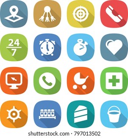 flat vector icon set - pointer vector, share, target, phone, 24 7, alarm clock, stopwatch, heart, monitor arrow, baby stroller, medical cross, handwheel, spices, cake, bucket