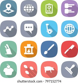 flat vector icon set - pointer vector, globe, report, diagram, graph, message, gyroscooter, stands for knives, fireplace, big spoon, chef knife, cupcake, seeds, pig, scraper