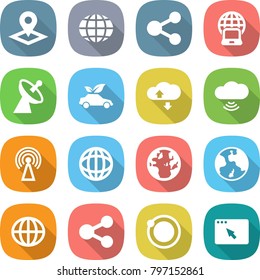 flat vector icon set - pointer vector, globe, share, notebook, satellite antenna, eco car, cloud service, wireless, earth, orbit, browser window