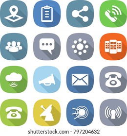 flat vector icon set - pointer vector, clipboard, share, call, group, message, round around, server, cloud wireless, loudspeaker, mail, phone, satellite antenna