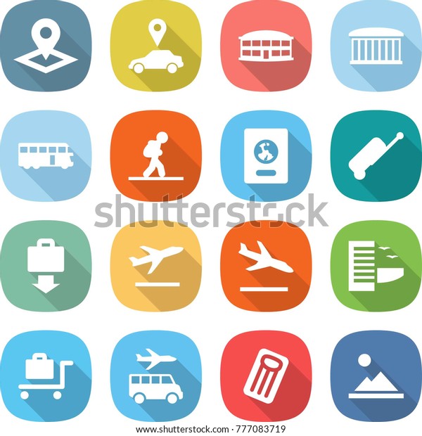 flat vector icon set - pointer vector, car,\
airport building, bus, tourist, passport, suitcase, baggage get,\
departure, arrival, hotel, trolley, transfer, inflatable mattress,\
landscape
