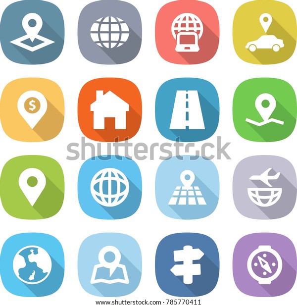 flat vector icon set - pointer vector, globe,\
notebook, car, dollar pin, home, road, geo, map, plane shipping,\
earth, signpost, compass